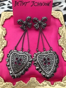 Betsey Johnson Vintage Hematite Pewter Button Heart Bow Buttoned Up Earrings - Picture 1 of 4