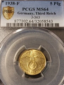 PCGS MS64 1938-F German 5 Reichspfennig J-363 Brilliant UNC 5Pfg Stuttgart Mint - Picture 1 of 5