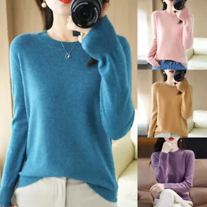 Damen O-Ausschnitt Slim Kaschmir Wollpullover Tops Strickpullover Solid U K - Picture 1 of 27