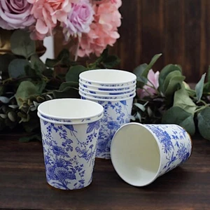 24 White 9 oz Blue Floral Design Disposable Paper Drinking CUPS Gold Rim Party - Picture 1 of 9