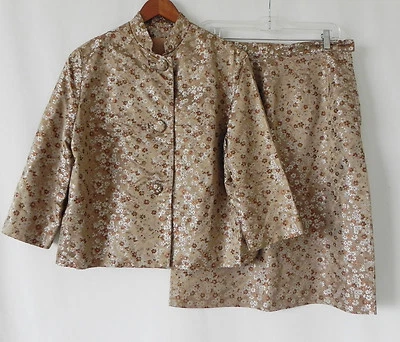 Vtg Skirt Suit Semi-Crop Jacket/ Mid-Calf Skirt Satin Floral 3/4 Sleeve Size M - Image 1 of 4