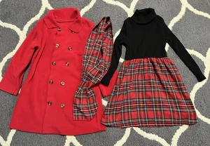 SHEIN Toddler Girl Tartan Print Holiday Dress Size 6 Black Red Scarf Fleece Coat - Picture 1 of 8
