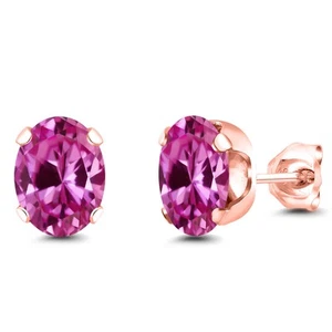 3.30 Ct 8x6mm Pink Created Sapphire 18K Rose Gold Plated Silver Stud Earrings - Picture 1 of 4