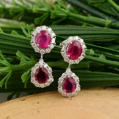 4.16 Tcw Natural SI/H Diamond Ruby Gemstone Dangle Earrings Gift 18k White Gold - Image 1 of 4