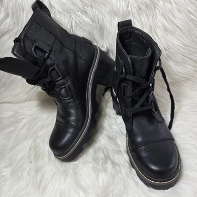 Sorel Joan Now Boots Womens 7.5 Black Leather Lace Up Waterproof Chunky Lug Sole - Image 1 of 4