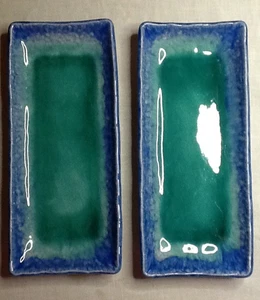 SUSHI PLATES (PAIR) 5 X 11" BLUE CRACKLE HAND MADE JAPANESE 91423A - Picture 1 of 6