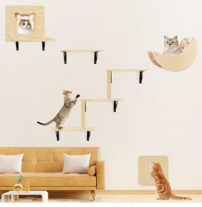 5Pcs Cat Wall Shelves w/ Hammock/Perches/Ladder/Scratching Post/House/Furniture - Picture 1 of 17