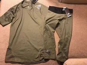 Mens Adidas Alpha Skin Compression Running Tights & Shirt Small Medium Green - Picture 1 of 1
