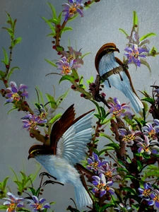 ORIGINAL Blue Gray White Birds Blooming Tree Busch Signed Oil C Painting Vintage - Picture 1 of 12