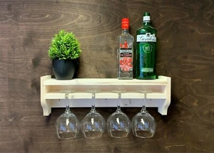 Shabby Chic Wooden Gin Shelf Bottle 4 Glass Holder Wall Wine Home Bar (GS-SC)EM - Picture 1 of 1