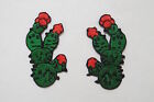 #2372A Left & Right Cactus w/Red Flower Embroidery Iron On Appliqué Patch/Pair