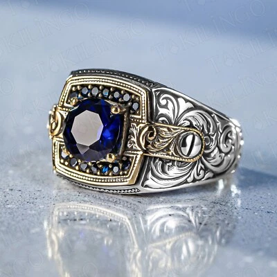 Anillo de piedra de circón azul plata de ley 925 circón grabado motivo otomano liso Foto 1 de 4