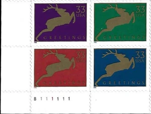 US #3356-3359 MNH Plate Block 1999 Christmas Jumping Gold Reindeer [B111111] - Picture 1 of 1