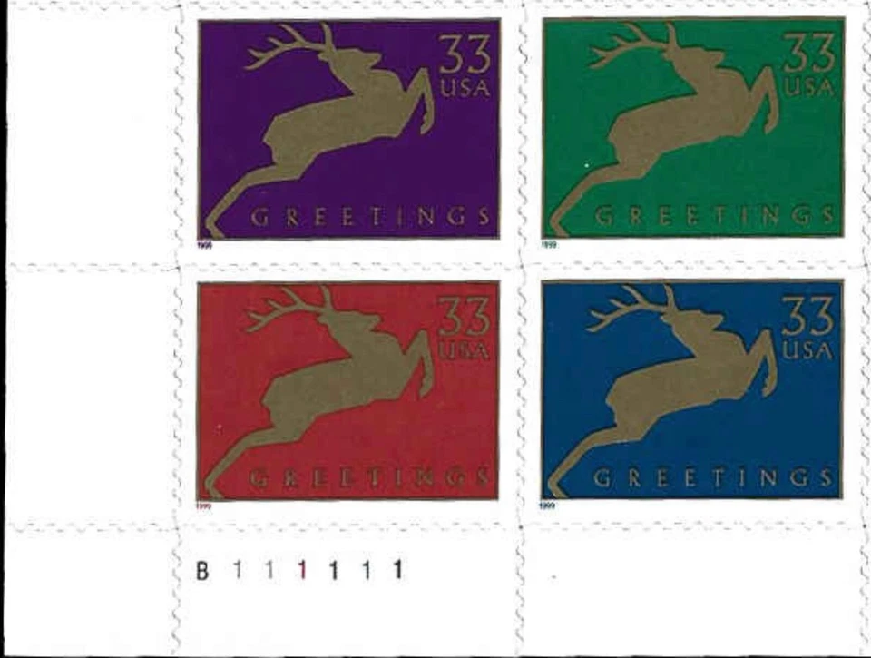 US #3356-3359 MNH Plate Block 1999 Christmas Jumping Gold Reindeer [B111111] - Image 1 of 1