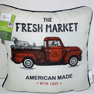FRESH MARKET FARM DELIVERY Indoor Outdoor Toss Throw Pillow Red Truck, Dog 16x16 - Image 1 of 4