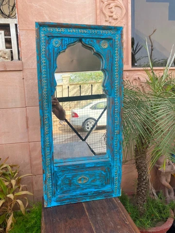 Wooden Handcrafted Indian Blue Painted Brass Work Arch Jharokha Wall  Mirror Cover