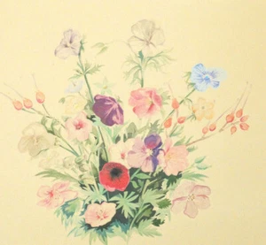 Bouquet de Fleurs Dessin Ancien aquarelle signée Johansson - Picture 1 of 7
