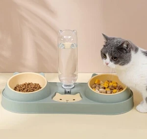 Triple Cat Feed Bowls 3 In 1 Raised Automatic Water Dispenser NIB Green - Picture 1 of 6
