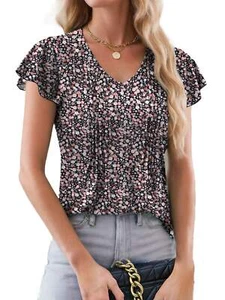 Womens Plus Size Tops Summer Casual V Neck T Shirts Short Ruffle Sleeve Tunics - Picture 1 of 14