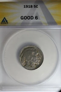 1918 .05 ANACS G 6 Buffalo Nickel, Indian Nickel, 5 Cent Piece - Picture 1 of 2