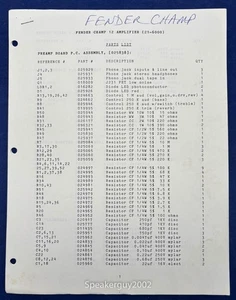 Original Fender Champ 12 Amplifier Schematic & Parts List - Picture 1 of 1