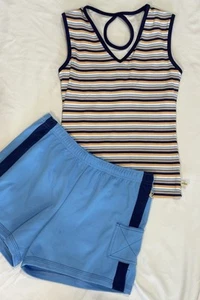 Kinesis Tennis Short Set S Womens Tank Top 2 pc Blue Striped Ball Pocket USA VGT - Picture 1 of 13