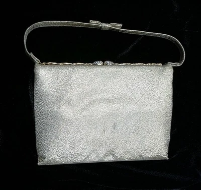 复古 50 年代 - 60 年代 Magid 金色织物晚装钱包手拿包 带镜子和硬币袋 — 第 1/4 张图片