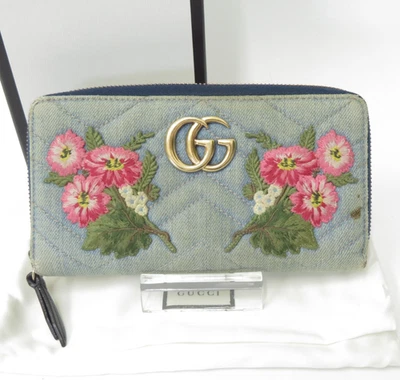 Cartera GUCCI Marmont V Stitch Denim Cuero Cremallera Alrededor Cremallera I#45167 Foto 1 de 4