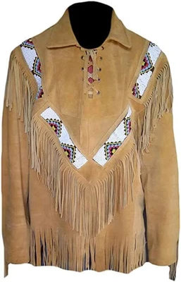 Men's Western Suede Leather Shirt Jacket | Native American Fringes Shirt - Image 1 of 4