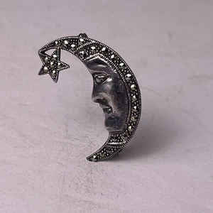 Vintage Sterling Silber Schmuck Markasiten Halbmond Mond und Stern Brosche/Anstecknadel - Bild 1 von 12
