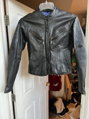 Vintage Harley Davidson Womens Leather Blue Flame Motorcycle Jacket Black Sz M - Image 1 of 4