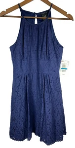 B Darlin Dress Juniors size 9-10 Navy Lace Halter Fit Flare Keyhole Knee Length - Picture 1 of 9