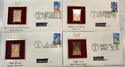 批量 4 张美国邮政首日 22k 黄金邮票 Looney Toons Tunes Bugs Daffy Tweety — 第 1/4 张图片