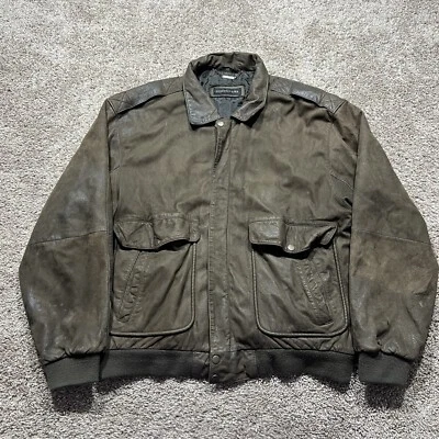 Structure Coat Medium Brown Leather Bomber Jacket Soft Pockets Lined Worn Vtg - Image 1 of 4