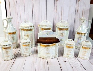Antique Vtg White Block Germany Lusterware Opalescent   10 PC Canister SPICES - Picture 1 of 6