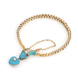 Antique Victorian Snake Bracelet 18k Yellow Gold Blue Enamel Garnet Pearl Old - Picture 1 of 5