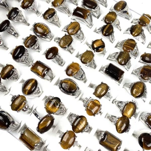 Wholesale Jewelry 20Pcs Natural Tiger Eye Stone Gemstone Silver Plated Rings - Picture 1 of 10