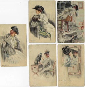 5 Tuck "Connoisseur Crayon" 2724 German Postcards Fashionable Women Henry Tenre - Imagen 1 de 2