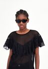 Zara Black Mesh Sheer Top With Lace Frill Ruffled Size S 3184/008 Contrasting 