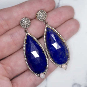NATURAL LAPIS DIAMOND EARRINGS STATEMENT DROP DANGLE PEAR TEARDROP BLUE BIG LONG - Picture 1 of 2