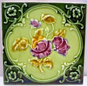 Antique Tile Majolica Art Nouveau England Rose Purple Architecture Floral #172 - Picture 1 of 4