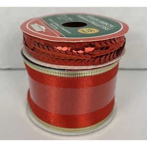 Christmas Red Ribbon Wire Edge Sequin Holiday Decor .25 inch 2 inch Lot of 2 - Picture 1 of 5
