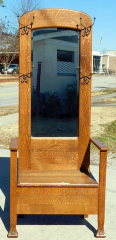 Small Tiger Oak Hall Tree w/ Mirror and Lift Seat Cover