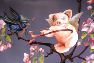 Art Greeting Card Love Arrow Birds Valentine Couple Falling in Love Engagement - Picture 1 of 1