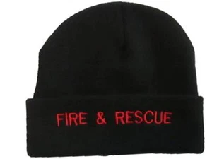 Fire & Rescue BLACK Woolly Beanie Hat (RED Text) Retained Firefighter Personnell - Foto 1 di 1