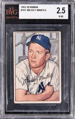 Bowman Mickey Mantle 1952 Yankees de Nueva York en muy buen estado 2,5 centrado #101 Salón de la fama Foto 1 de 2