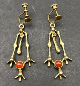 Ohrhänger Kralle Brutalist Karneol Sterlingsilber Gold Overlay Schraubverschluss - Bild 1 von 7