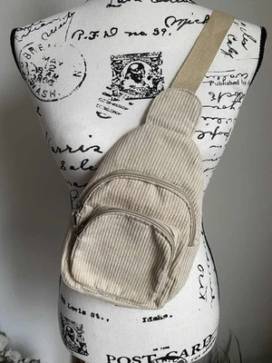 Mini Corduroy Backpack Sling Chest Crossbody Shoulder Bag Women’s Bone Color New - Image 1 of 4