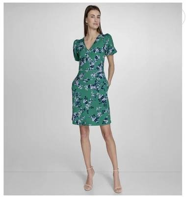 Vestido Andrew Marc Manga Abullonada Verde Con Diseño Floral Talla 2 Foto 1 de 4