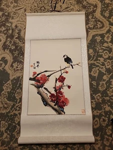 De Colección Pintura Pergamino China Pájaro Flor de Cerezo Rama Flor Roja Colgante de Pared - Imagen 1 de 16